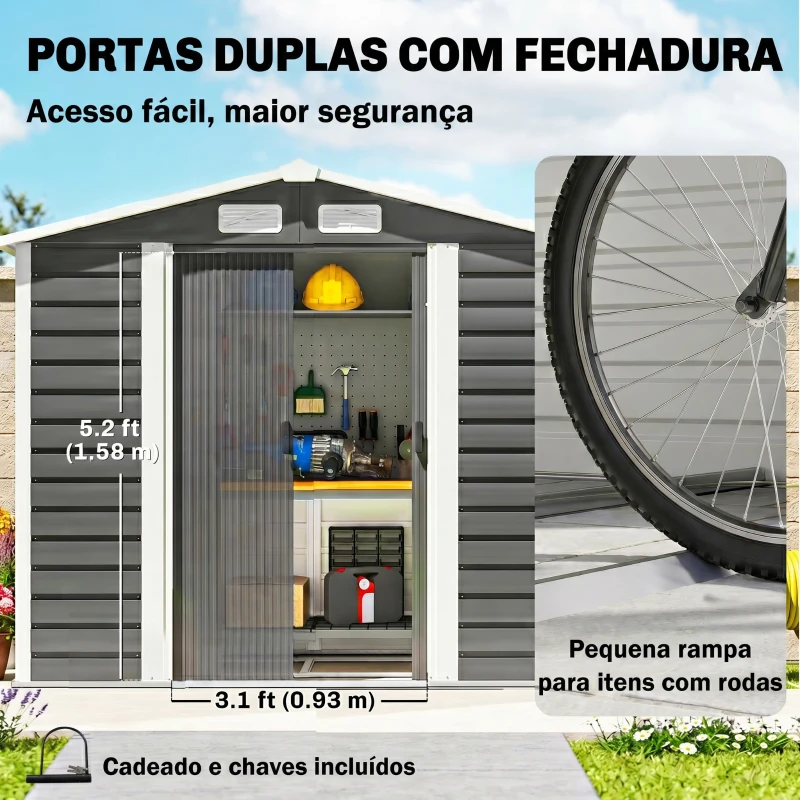 Outsunny Abrigo de Jardim Exterior 2,36m² 213x120x194 cm com Base Reforçada (Piso NÃO Incluído) e Portas de Correr Cinza Escuro