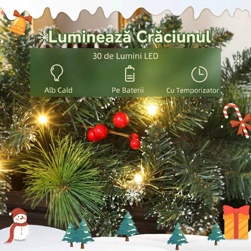 HOMCOM Ghirlandă de Crăciun 180 cm cu ramuri înzăpezite și 30 de lumini albe, conuri și bace pentru interior
