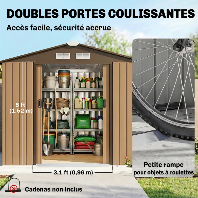 Outsunny Abri de jardin 2,5 m² - remise pour outils avec kit de fondation - cabanon porte verrouillable - tôle d'acier kaki