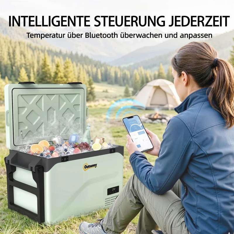 Outsunny 42,5 Liter Kompressor Kühlbox Leise elektrisch Mini Kühlschrank bis -20℃ Kühlbox mit Bluetooth Rolle Griff Handyhalter