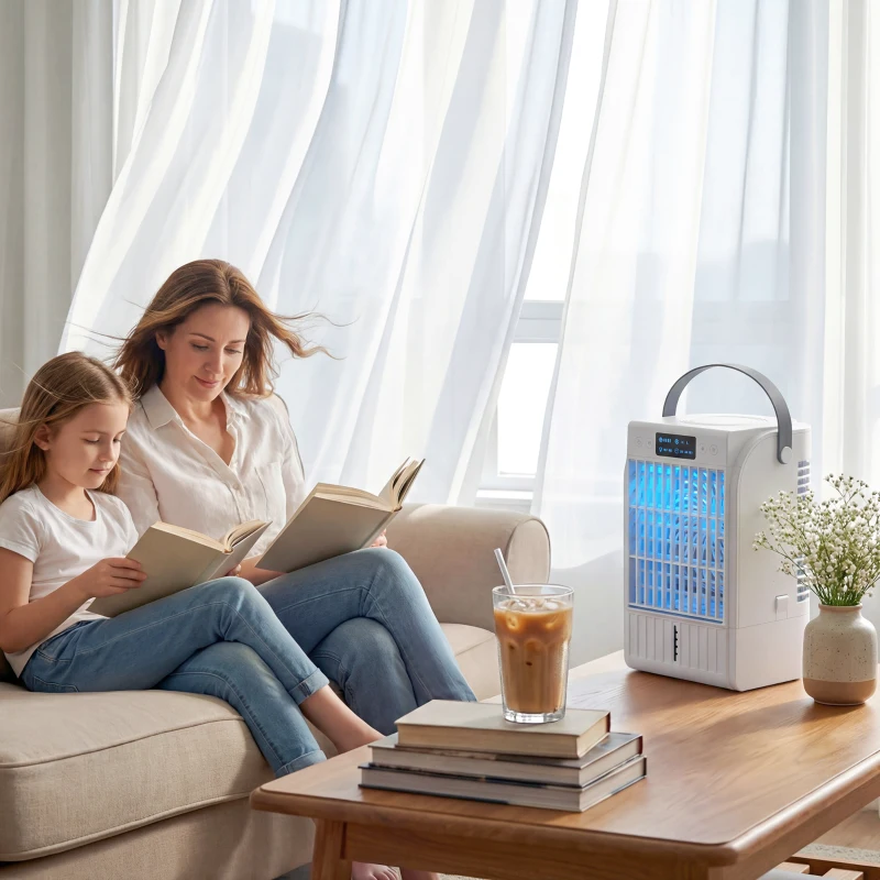 HOMCOM Mini Ar Condicionado 4 em 1 com 4 Velocidades, 2 Modos de Nebulização e Luz LED RGB de 7 Cores Branco