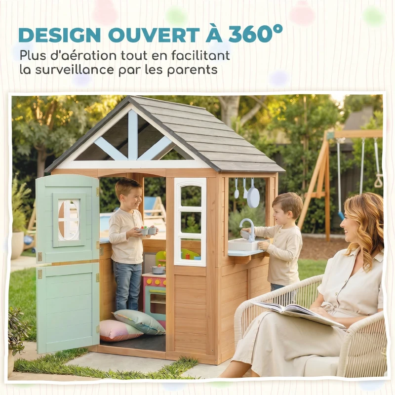 AIYAPLAY Cabane enfant extérieur en bois, maison enfant extérieure avec chatière, cuisine de jeu, porte et fenêtres, bois naturel