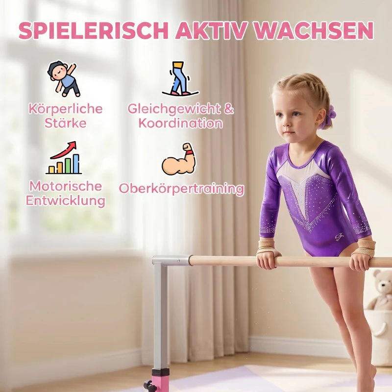 HOMCOM Gymnastikstange für Kinder, höhenverstellbar Turnreck Reckstange, Reck Turnstange für Indoor & Outdoor aus Holz & stabile Stahlkonstruktion bis 75 kg belastbar, für 3+ Kinder, Rosa