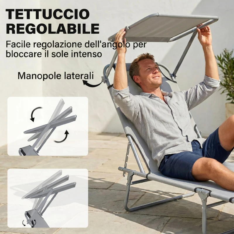 Outsunny Sdraio da Giardino Pieghevole con Tettuccio Regolabile e Schienale Reclinabile a 4 Livelli, Grigio Chiaro