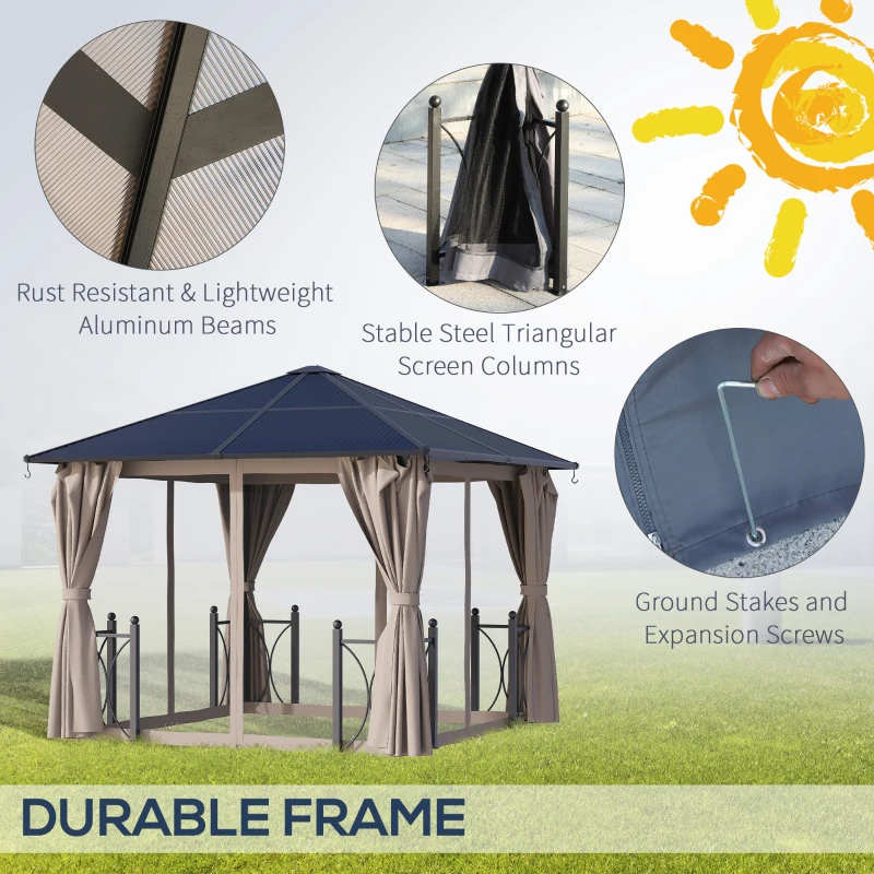 Outsunny 3 x 3(m) Hardtop Gazebo Canopy with Polycarbonate Roof, Alloy Aluminium Frame, Black