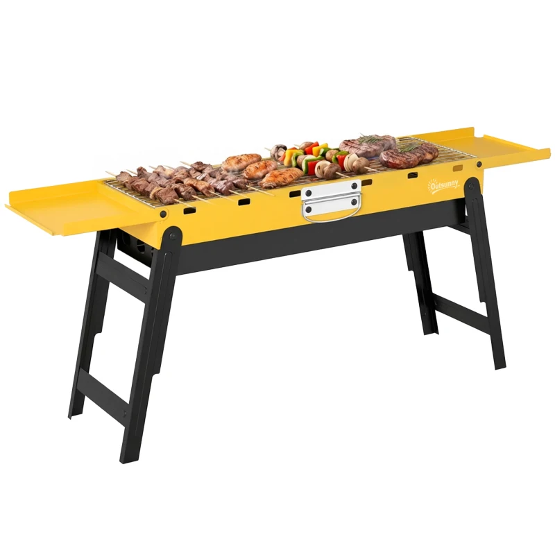Outsunny Portable BBQ Grill, Foldable Charcoal Grill for Camping and Picnics with 2 Side Shelves and Handle, Yellow