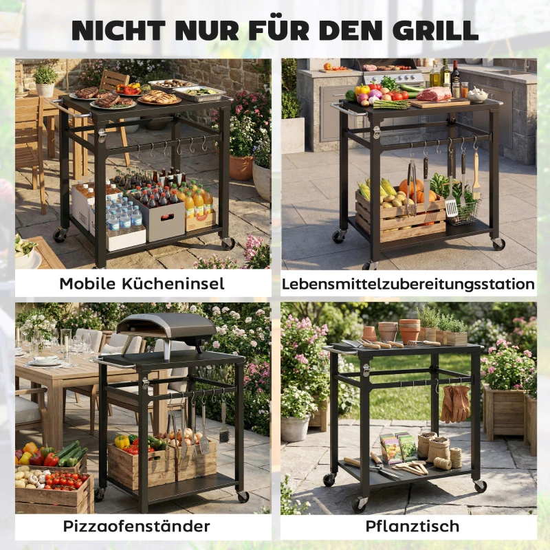 Outsunny Outdoor-Grillwagen, Pizzaofen-Stand mit Metalloberfläche, 2-stufige rollende Küchenstation mit Haken und Griff, Schwarz