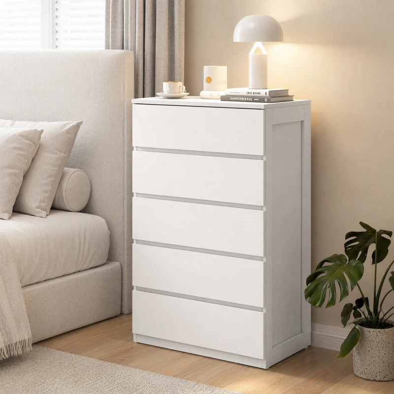 HOMCOM Commode 5 tiroirs meuble de rangement sans poignées design minimaliste 60 x 39 x 100 cm blanc