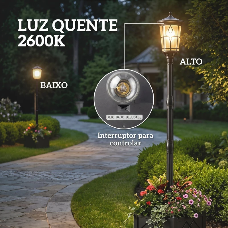 Outsunny Candeeiro Solar Exterior de Jardim com Vaso 2 Modos de Brilho 100/50 lm IP44 Acendimento/Desligamento Automático Preto