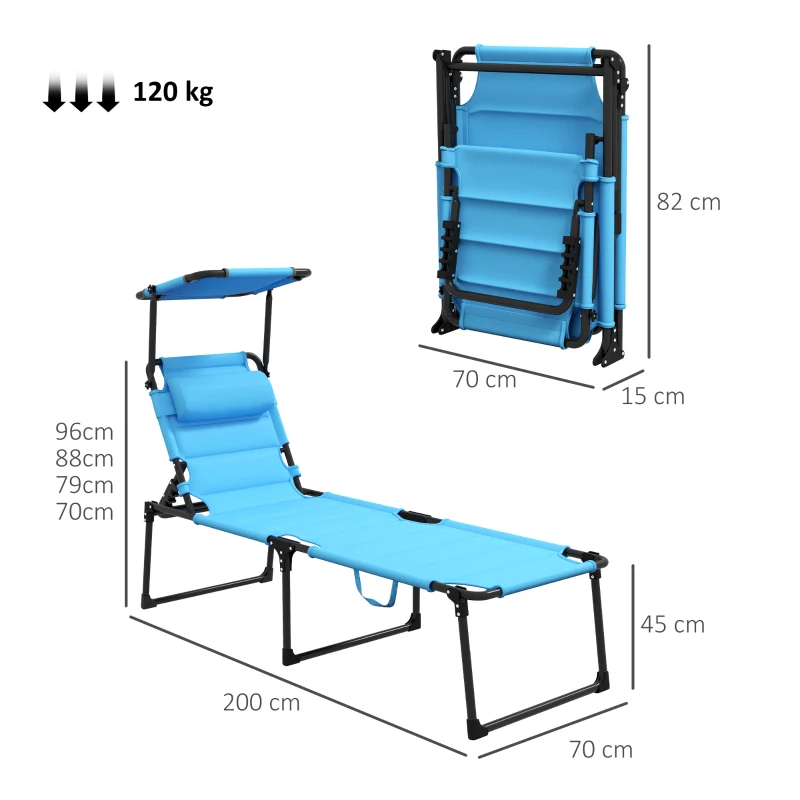 Outsunny Tumbona de Jardín con Toldo Ajustable Respaldo Regulable 4 Niveles Reposacabezas para Terraza 70x200x45 cm Azul Claro