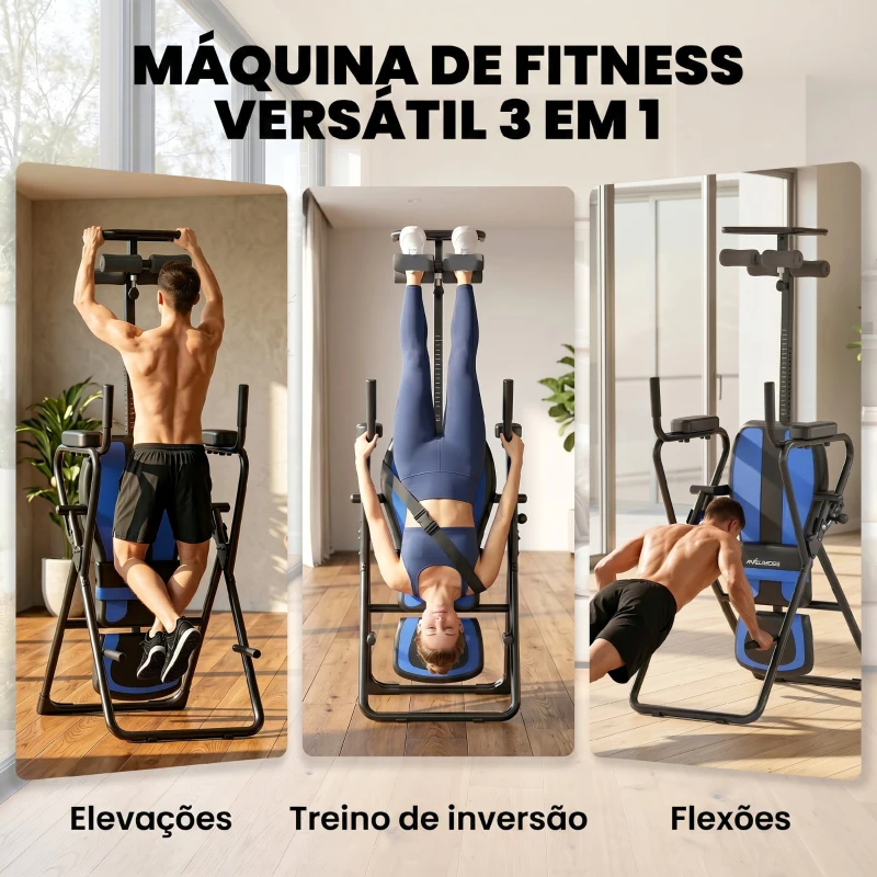 SPORTNOW Tabela de Inversão Dobrável com Elevações e Flexões Altura Ajustável 155-198 cm Ângulos 20° 40° 60° Cinto Azul