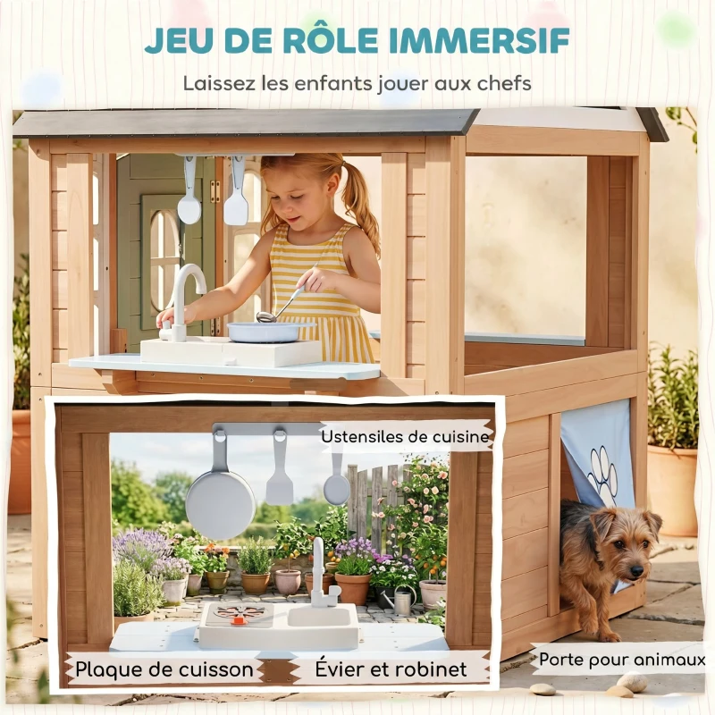 AIYAPLAY Cabane enfant extérieur en bois, maison enfant extérieure avec chatière, cuisine de jeu, porte et fenêtres, bois naturel