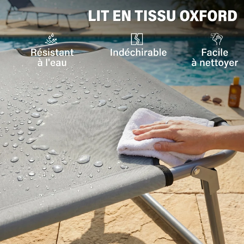 Outsunny Transat bain de soleil pliable chaise longue pliante dossier inclinable multi-positions 187 x 58 x 36 cm gris clair