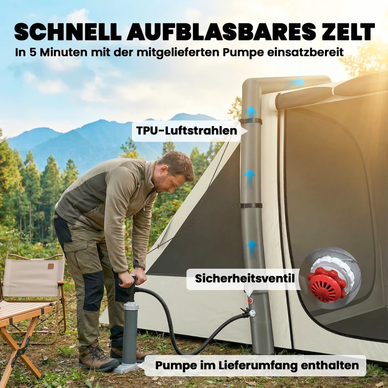 Outsunny Aufblasbares Zelt 4 Personen Schneller Aufbau Outdoor Zelt für Camping mit 2 Schlafzimmern Vorraum Fenster