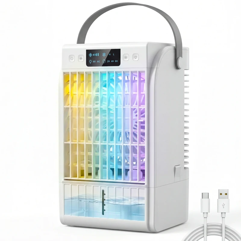 HOMCOM Mini Ar Condicionado 4 em 1 com 4 Velocidades, 2 Modos de Nebulização e Luz LED RGB de 7 Cores Branco