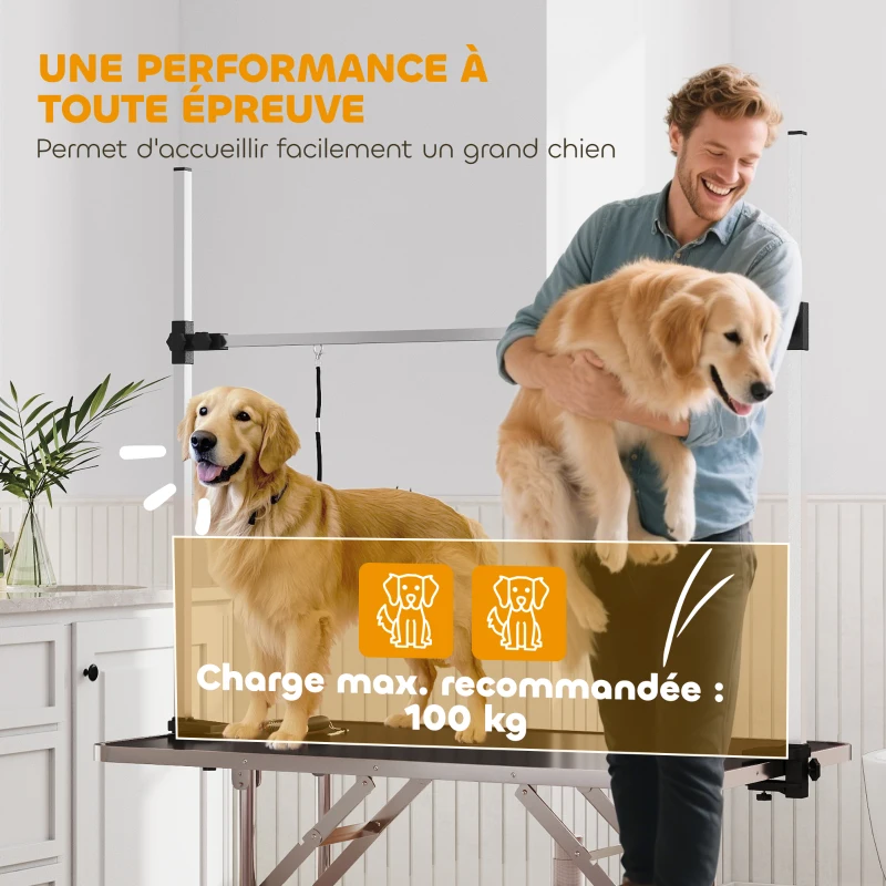 PawHut Table de toilettage pour chien pliante potence H-forme inox réglable 2 sangles panier 107 x 60 x 164 cm noir