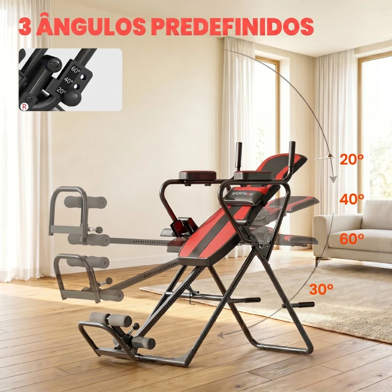 SPORTNOW Tabela de Inversão Dobrável com Elevações e Flexões Altura Ajustável 155-198 cm Ângulos 20° 40° 60° Cinto Vermelho