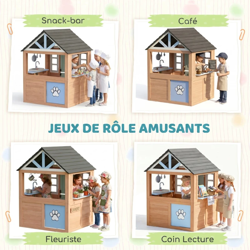 AIYAPLAY Cabane enfant extérieur en bois, maison enfant extérieure avec chatière, cuisine de jeu, porte et fenêtres, bois naturel