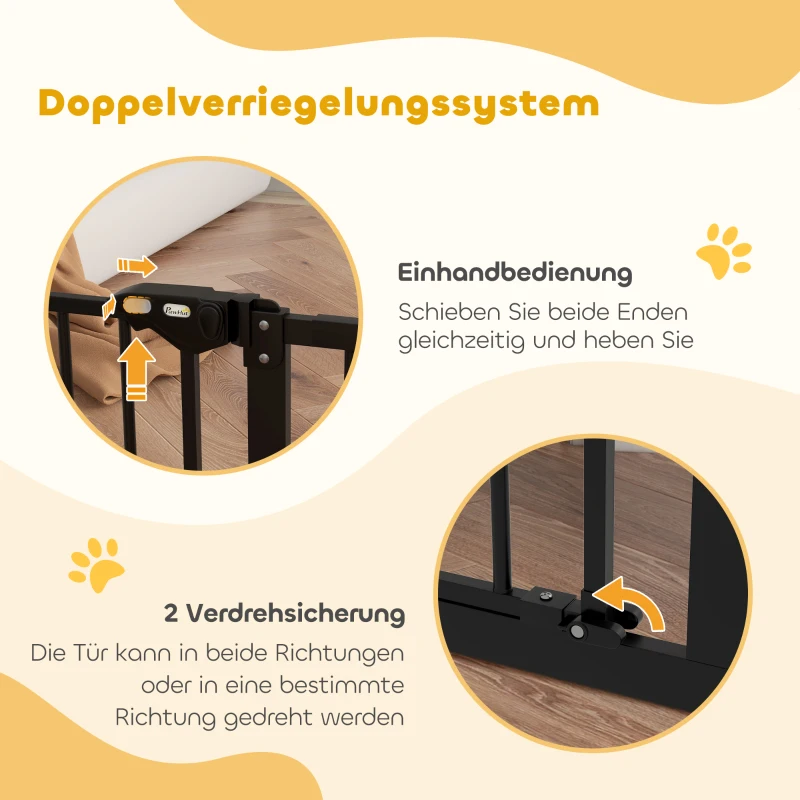 PawHut Türschutzgitter Treppenschutzgitter mit 17,5/20,3/30,5 cm Verlängerung Türgitter ohne Bohren mit Auto-Close für Breiten 74-147,5 cm Beidseitig Schwenkbar Metall Schwarz