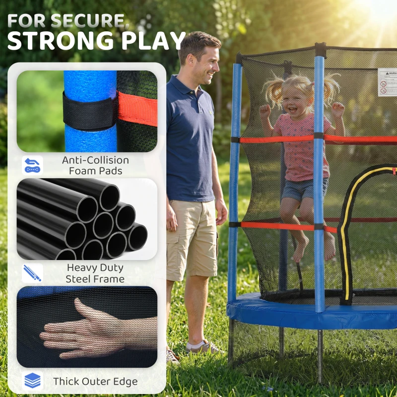 HOMCOM Tappeto Elastico per Bambini da 3 Anni con Rete di Protezione e Corde Bungee Ø140x160Acm, Blu