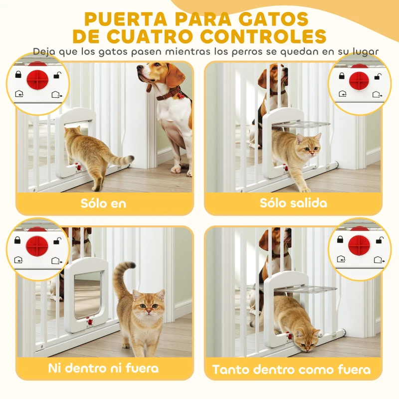 PawHut Barrera de Seguridad para Perros con Puerta Pequeña para Escaleras y Puertas 75-85 cm con Doble Bloqueo Blanco