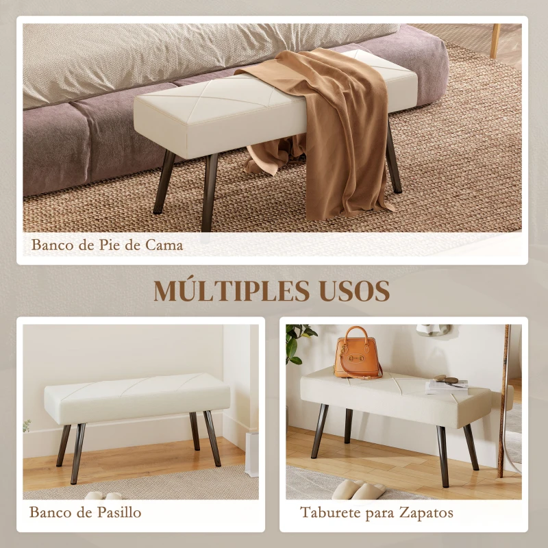 HOMCOM Taburete Pie de Cama Multifuncional con Pies de Acero y Asiento Acolchado para Entrada Pasillo 100x36x45 cm Blanco Crema