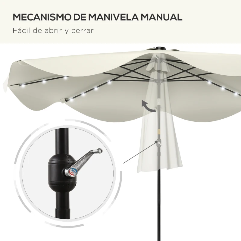 Outsunny Sombrilla de Jardín Manual Ø292x254 cm con 32 Luces LED Solares 8 Varillas Impermeable y Rejillas de Ventilación Crema
