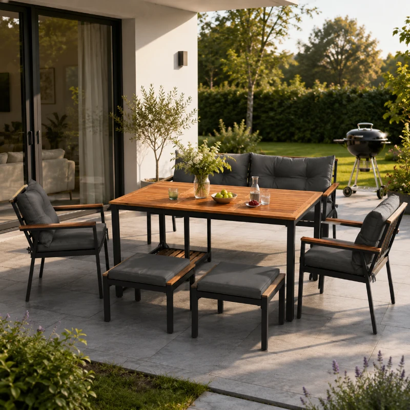 Outdoor-Esstisch- und Stuhlset, 2 Stühle, 2 Hocker, 1 Sofa für zwei Personen, 1 Tisch und 1 vielseitiger Servierwagen, Schwarz+Grau