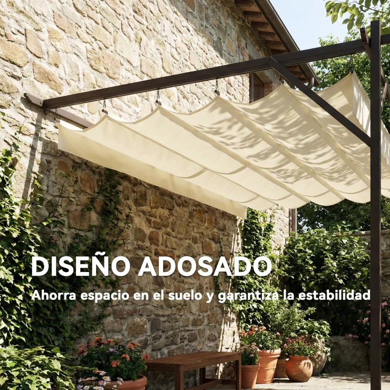 Outsunny Pérgola de Pared de Jardín 4x3 m con Techo Retráctil Protección UPF30+ Drenaje Cenador de Jardín para Exterior Crema