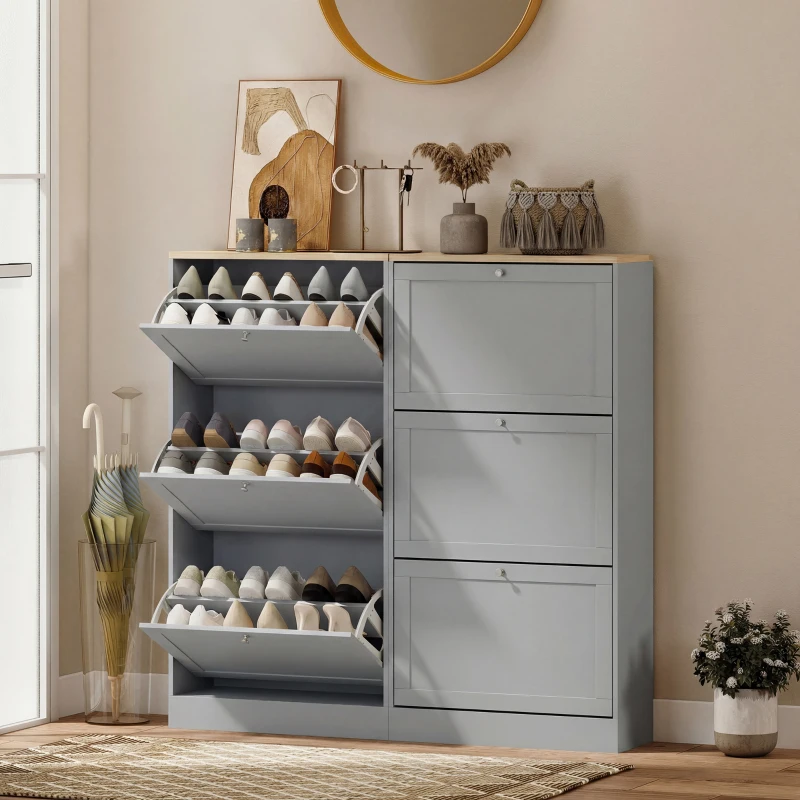 HOMCOM Meuble à chaussures 18 paires, armoire à chaussures avec 3 tiroirs rabattables, étagères réglables, 60x23,5x115cm, gris