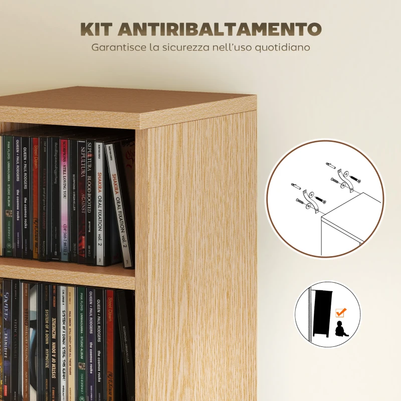 HOMCOM Set 2 Mobili Porta CD a 6 Ripiani Regolabili per 204 CD in Legno, 21x22.5x88.5 cm, Color Legno
