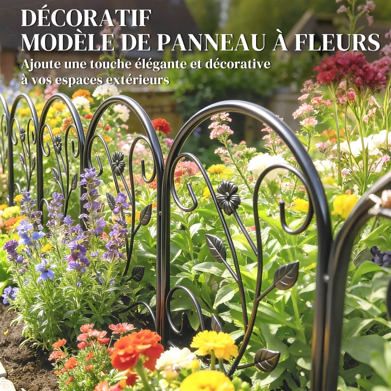 Outsunny Clôture de Jardin Décorative 5 Panneaux de 80x60 cm pour Animaux Fleurs Patio, Panneaux de Clôture Antirouille, Noir
