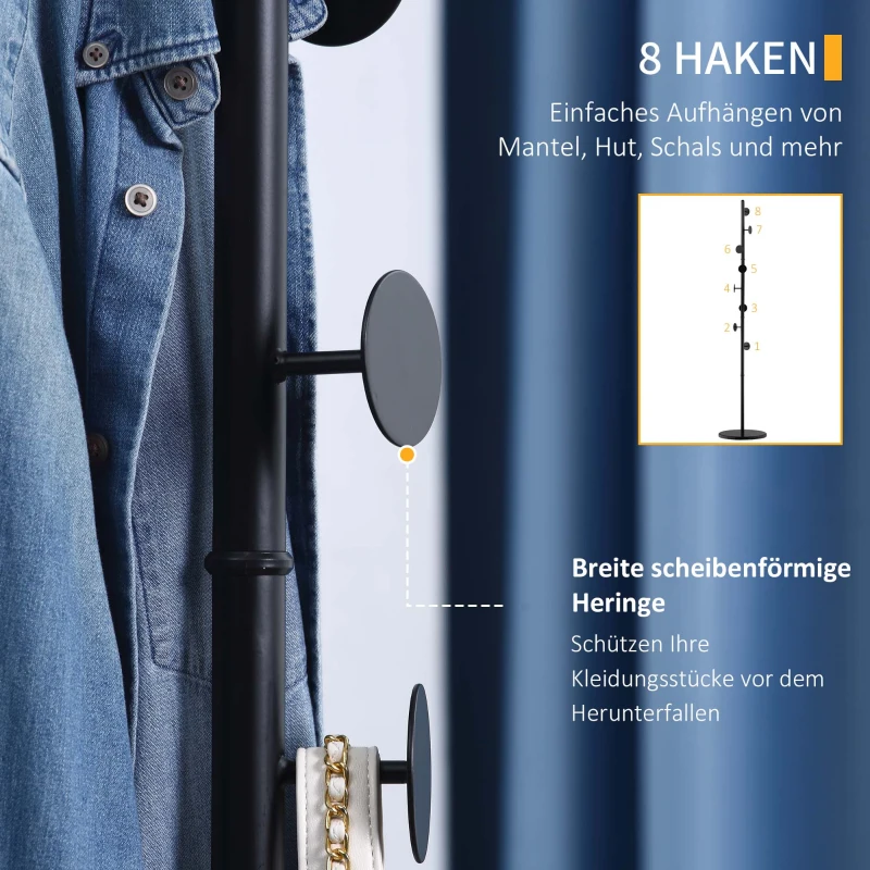 HOMCOM Kleiderständer, 4 Stangen & 8 Haken, Sockel in Marmorsockel, Stahlrahmen, 35x35x170cm, Schwarz