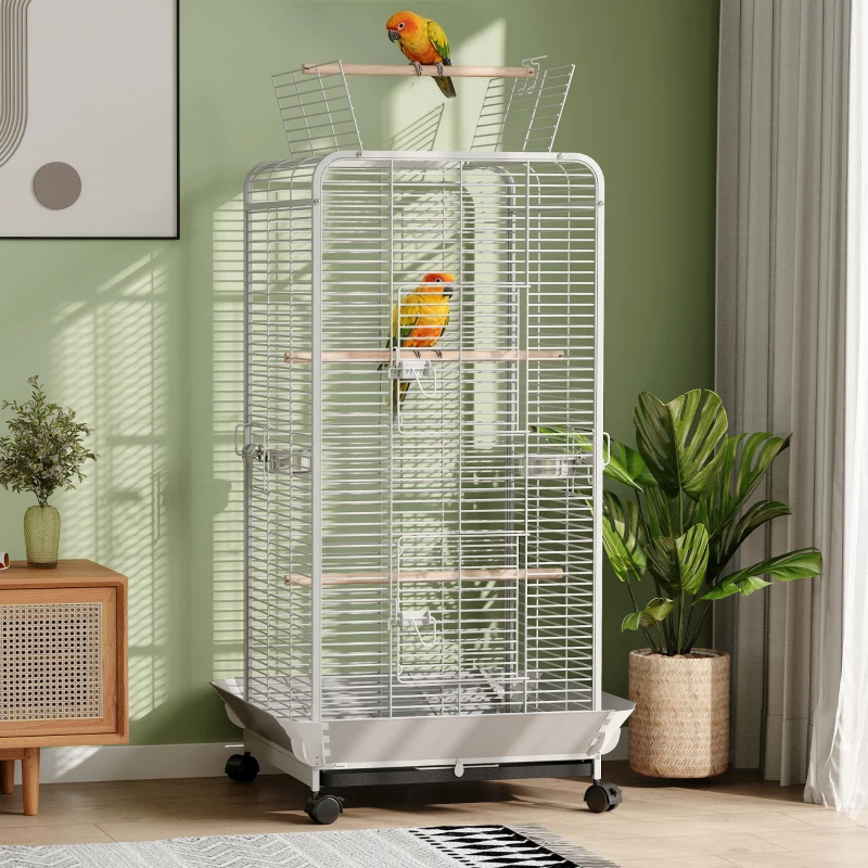 PawHut Gaiola para Pássaros Gaiola para Papagaios com Rodas Poleiros Comedouro e Bandeja Amovível 79x73x146 cm Cinza Claro
