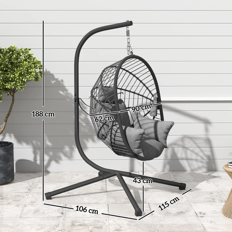 Outsunny Silla Colgante Huevo con Soporte con Cesta Plegable Cojín y Reposacabezas para Interior y Exterior Carga 120 kg Gris