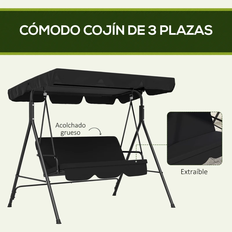 Outsunny Balancín de Jardín Exterior Columpio de 3 Plazas con Toldo Ajustable y Marco de Acero para Terraza 172x110x153 cm Negro