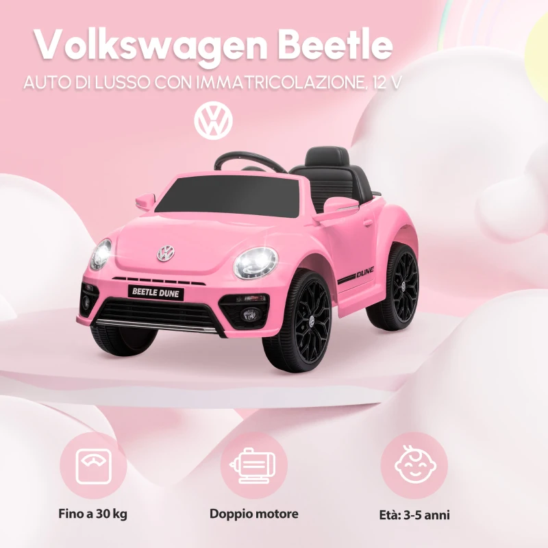 AIYAPLAY Veicolo elettrico per bambini, VW Käfer, 3-5 km/h, con telecomando e musica, Rosa
