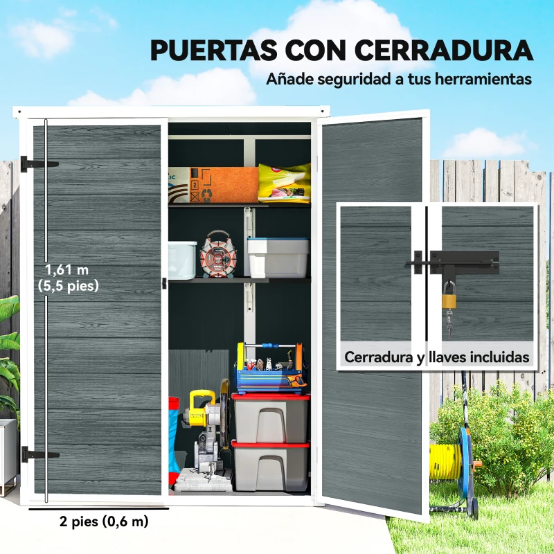 Outsunny Cobertizo de Jardín Exterior de Plástico 0,81 m² 134x68,5x170 cm con Suelo 2 Estantes Plegables Puertas con Pestillo