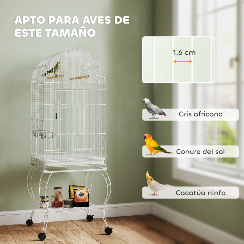 PawHut Jaula para Pájaros con Ruedas y Estante 51x51x153 cm con Parte Superior Abatible Comederos y Bandeja Extraíble Blanco
