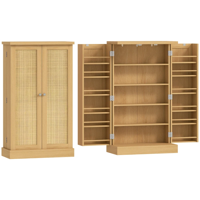HOMCOM Armoire de cuisine en rotin 104 cm avec étagère 5 niveaux, 12 compartiments à épices et étagères réglables, bois naturel