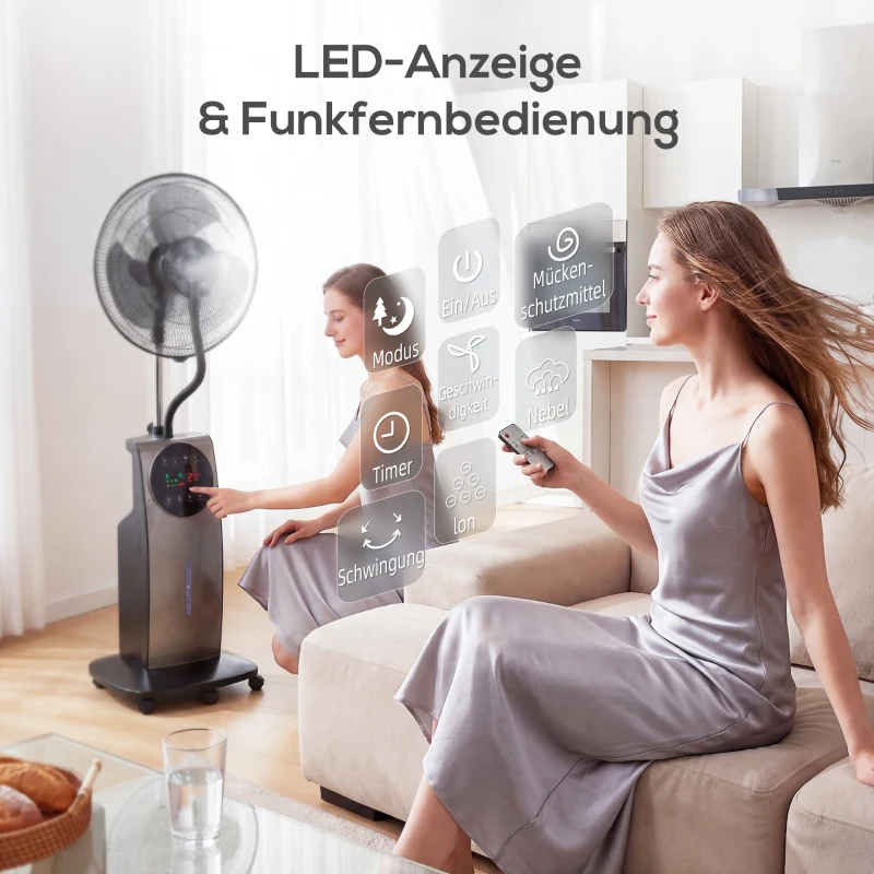 HOMCOM Sprühnebelventilator mit Fernbedienung, Standventilator mit Wassernebel, 70° Oszillation, 3 Geschwindigkeiten, 3 Modi, 3,1L Wassertank