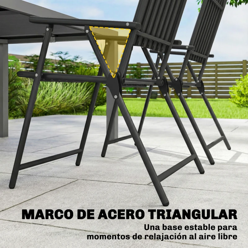 Outsunny Juego de 4 Sillas de Jardín Exterior Plegables con Reposabrazos Respaldo y Asiento Marco Metálico 55x63x93 cm Negro