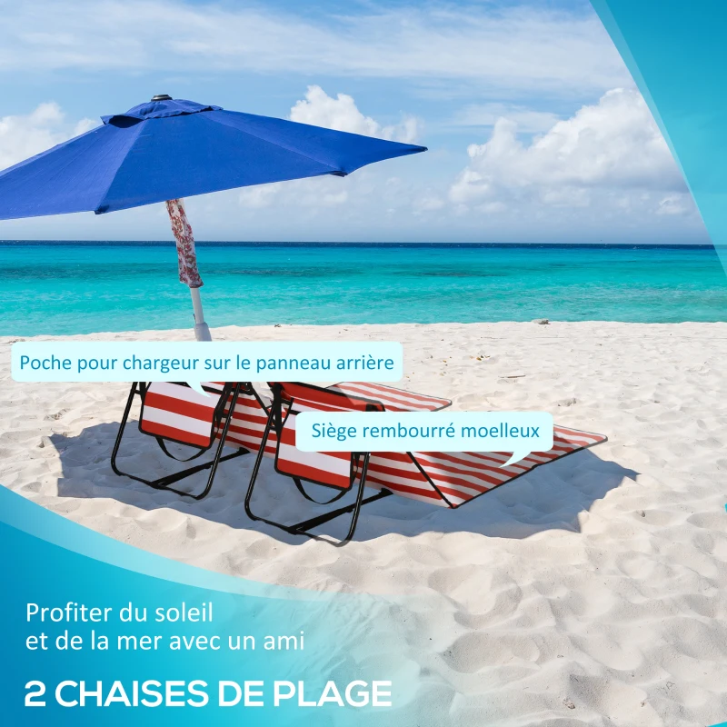 Outsunny Lot de 2 tapis de plage rembourré matelas de plage dossier inclinable multi-positions 142 x 51 x 40 cm blanc et rouge