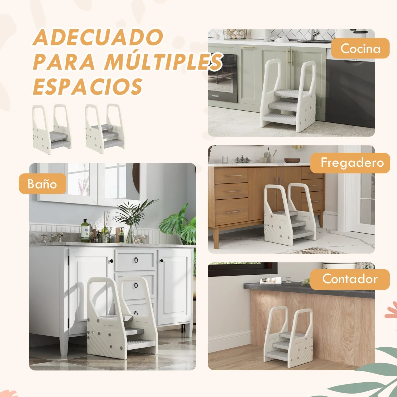 AIYAPLAY Taburete para Niños Ajustable de 2 a 3 Peldaños Torre de Aprendizaje Escalera para Niños de 2-5 Años Gris