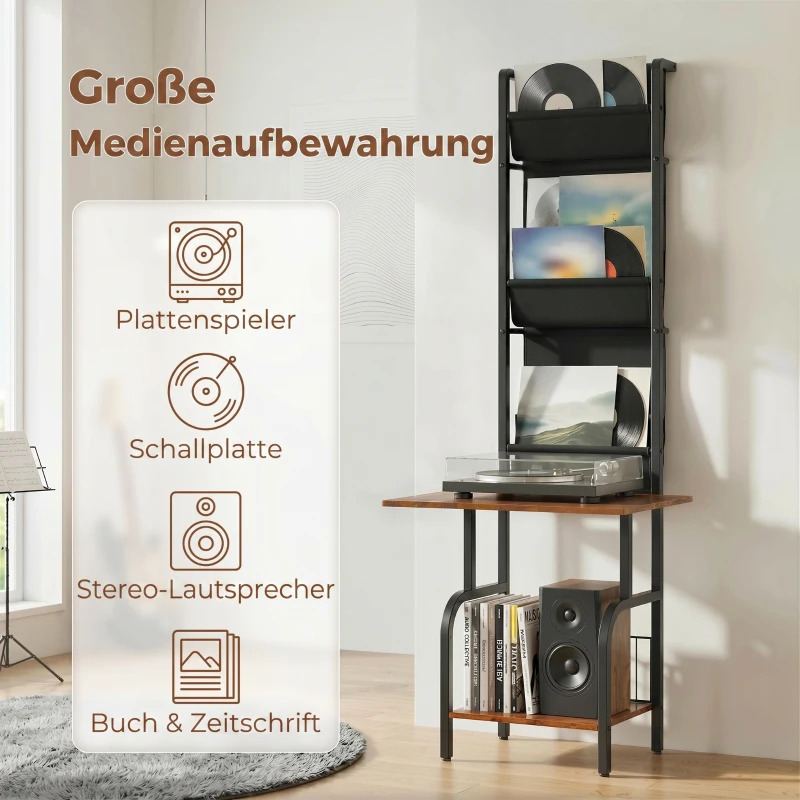 HOMCOM Industrielles CD-Regal, CD-Aufbewahrung, DVD-Ständer mit 3 Stofftaschen und Tischplatte, Rustikale Holzoptik in Braun