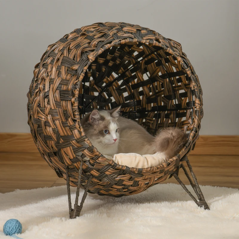 PawHut Casa de Rattan para Gatos com Almofada Cama para Gato Toca Elevada Castanho Ø52 x 58 cm