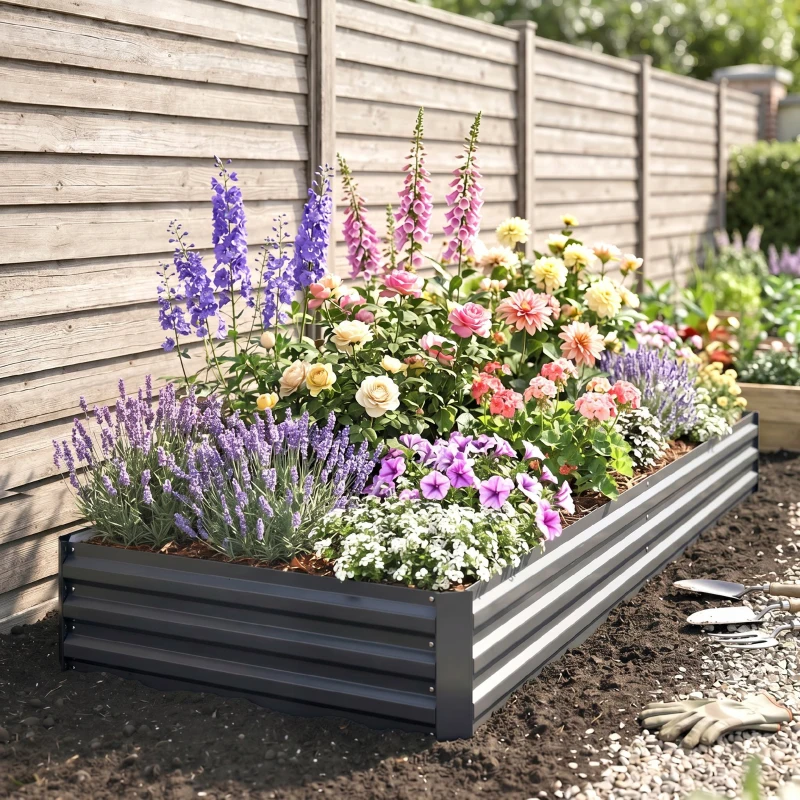 Outsunny Pat de grădină înălțat din metal pentru exterior, ideal pentru flori și legume, 241x90,5x30 cm, gri