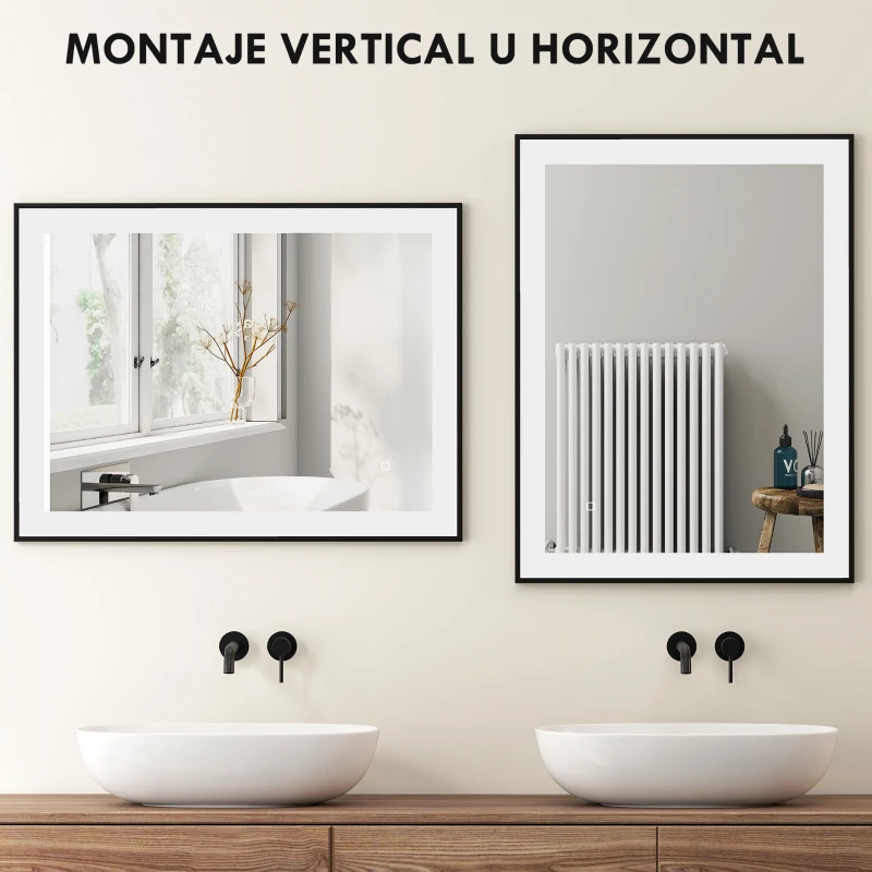 HOMCOM Espejo de Baño con Luz LED 80x60 cm con 3 Colores de Luz Función Antivaho Función de Memoria IP44 Horizontal/Vertical