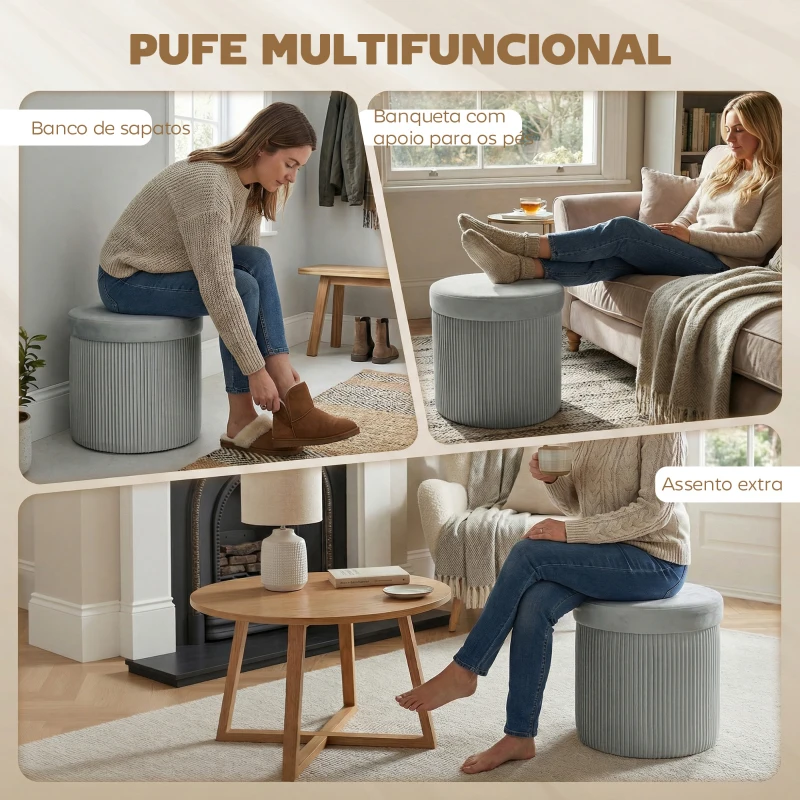 HOMCOM Puff de Arrumação Banco de Arrumação Dobrável 35 L 38x38x38 cm Estofado em Veludo Baú de Arrumação Cinzento Escuro