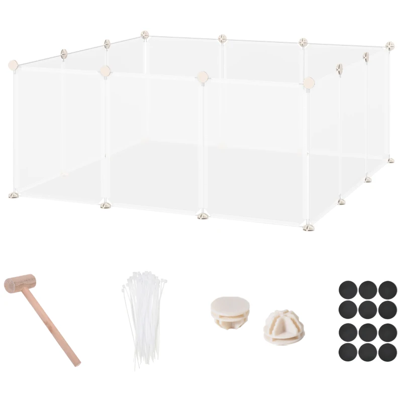 PawHut Valla para Mascotas, Jaula Modular, Recinto Interior de Plástico Transparente con 12 Paneles, 24 Conectores, para Cobayas, 105x105x45 cm, Blanco